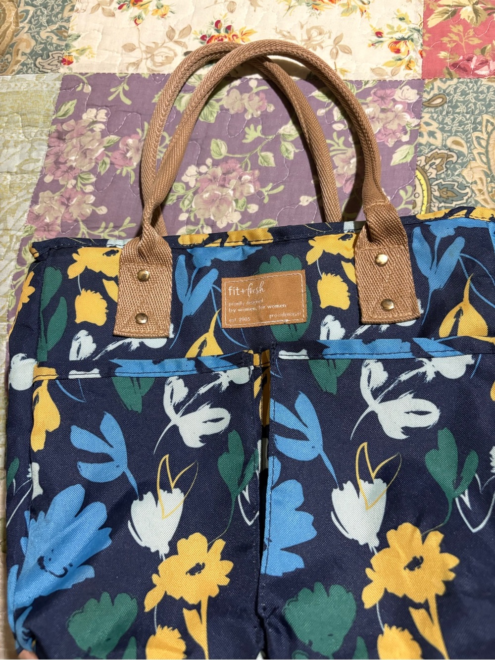 Fit + Fresh Floral Canvas Tote in Navy with Yellow & Blue Print